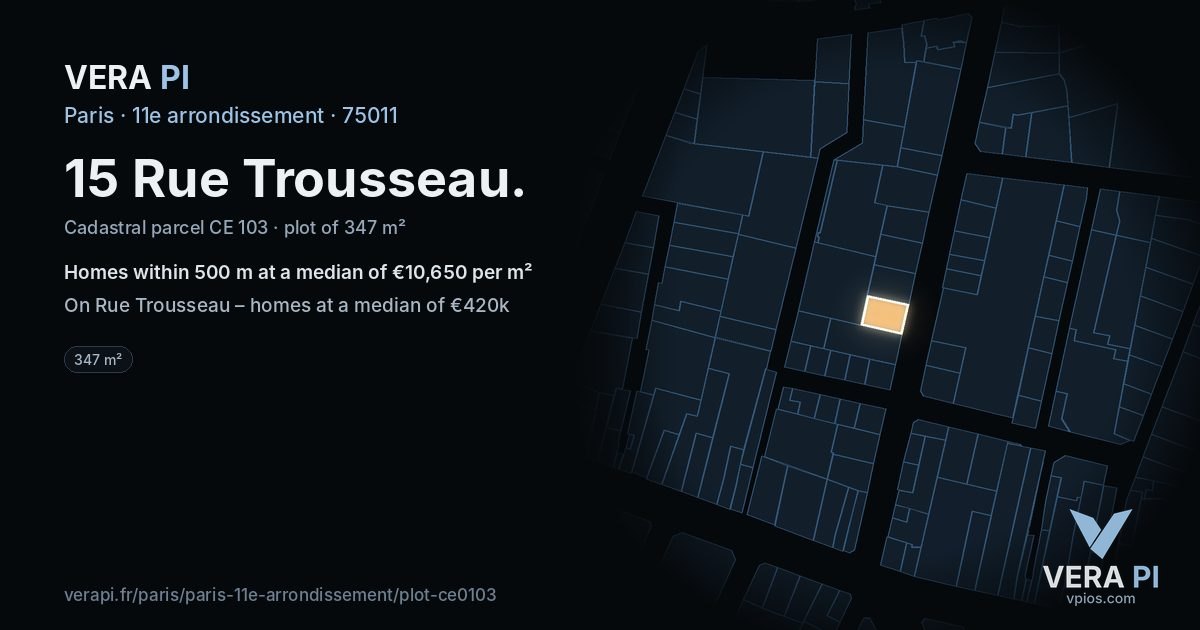 15 Rue Trousseau, 11e arrondissement at night – the plot lit, the parcels around coloured by the prices near them