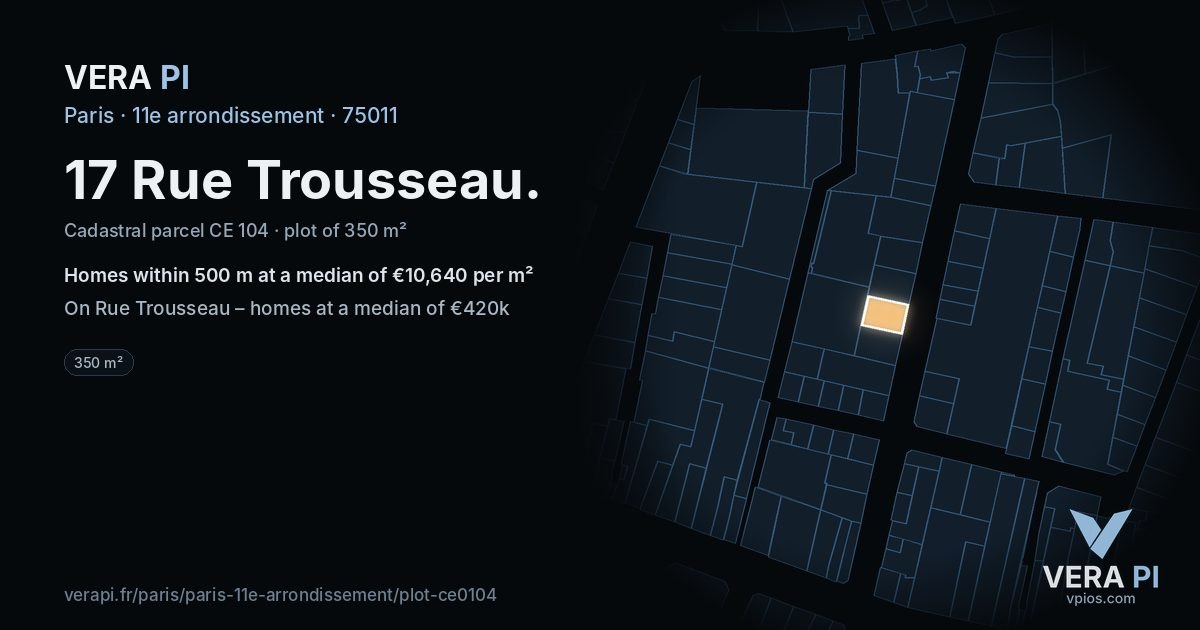 17 Rue Trousseau, 11e arrondissement at night – the plot lit, the parcels around coloured by the prices near them