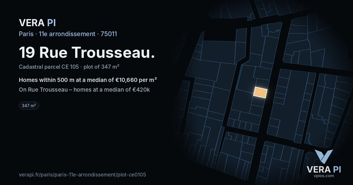 19 Rue Trousseau, 11e arrondissement at night – the plot lit, the parcels around coloured by the prices near them