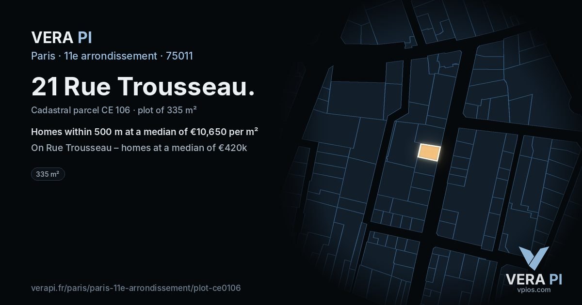 21 Rue Trousseau, 11e arrondissement at night – the plot lit, the parcels around coloured by the prices near them