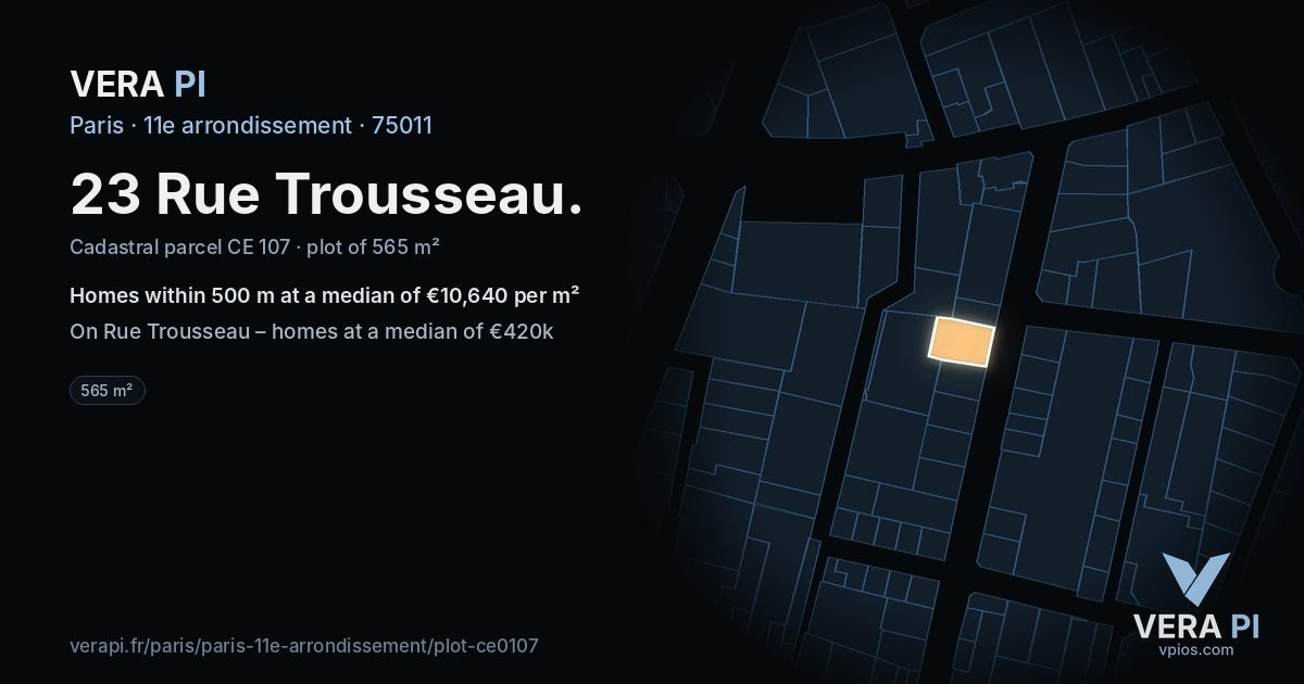 23 Rue Trousseau, 11e arrondissement at night – the plot lit, the parcels around coloured by the prices near them