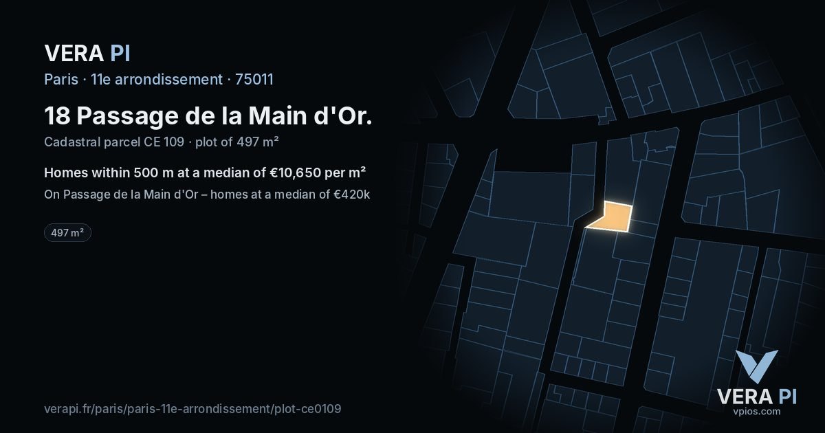 18 Passage de la Main d'Or, 11e arrondissement at night – the plot lit, the parcels around coloured by the prices near them