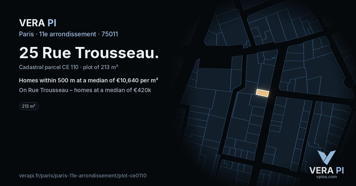25 Rue Trousseau, 11e arrondissement at night – the plot lit, the parcels around coloured by the prices near them