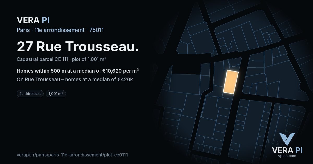 27 Rue Trousseau, 11e arrondissement at night – the plot lit, the parcels around coloured by the prices near them