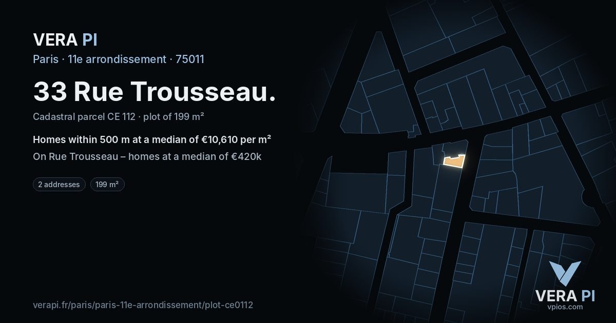 33 Rue Trousseau, 11e arrondissement at night – the plot lit, the parcels around coloured by the prices near them