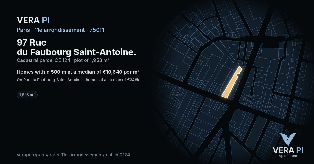 97 Rue du Faubourg Saint-Antoine, 11e arrondissement at night – the plot lit, the parcels around coloured by the prices near them