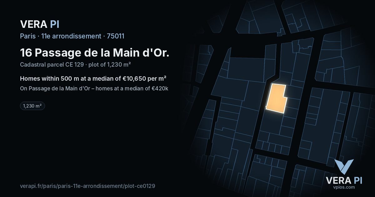 16 Passage de la Main d'Or, 11e arrondissement at night – the plot lit, the parcels around coloured by the prices near them