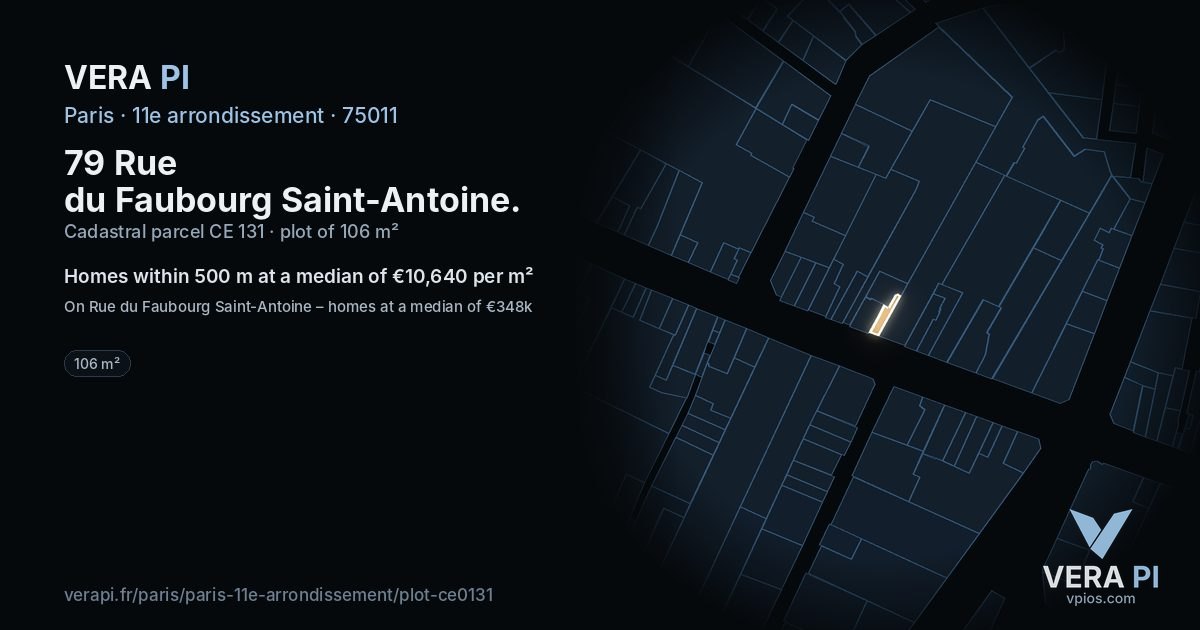 79 Rue du Faubourg Saint-Antoine, 11e arrondissement at night – the plot lit, the parcels around coloured by the prices near them