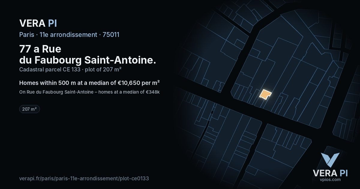 77 a Rue du Faubourg Saint-Antoine, 11e arrondissement at night – the plot lit, the parcels around coloured by the prices near them