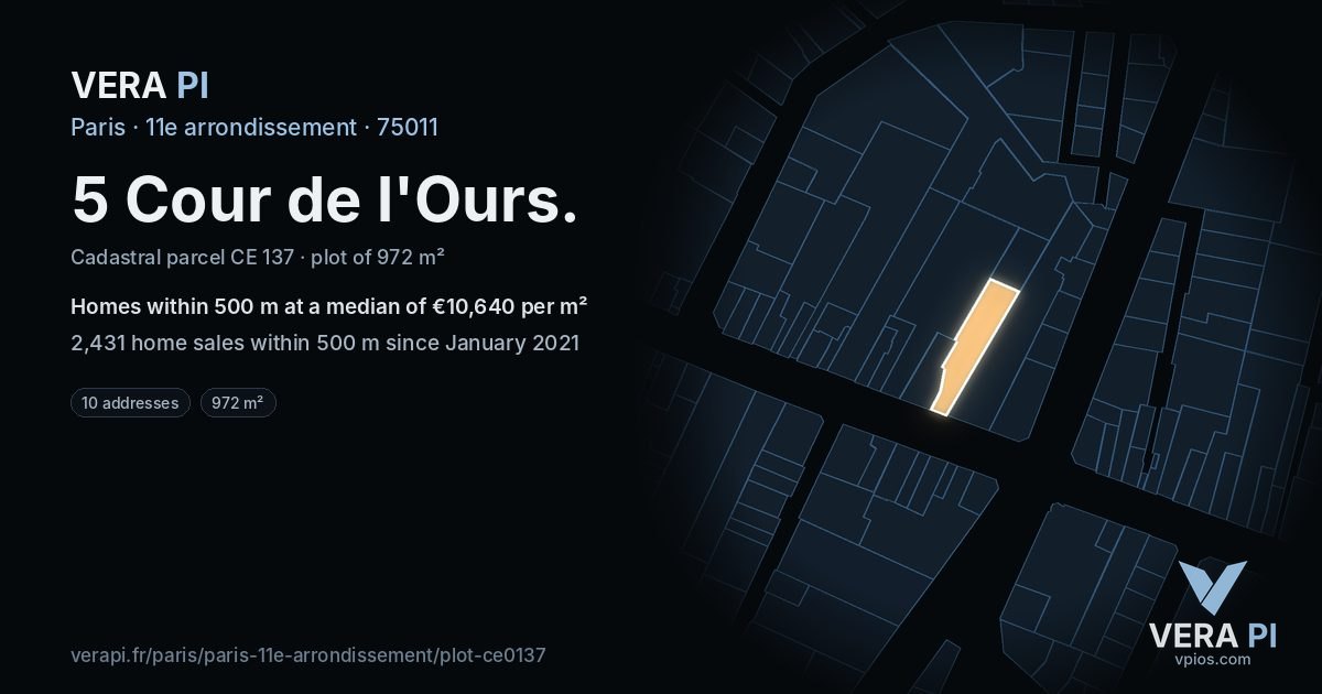 5 Cour de l'Ours, 11e arrondissement at night – the plot lit, the parcels around coloured by the prices near them