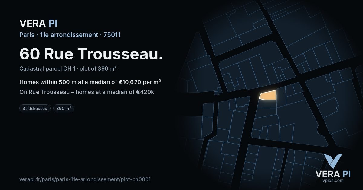 60 Rue Trousseau, 11e arrondissement at night – the plot lit, the parcels around coloured by the prices near them