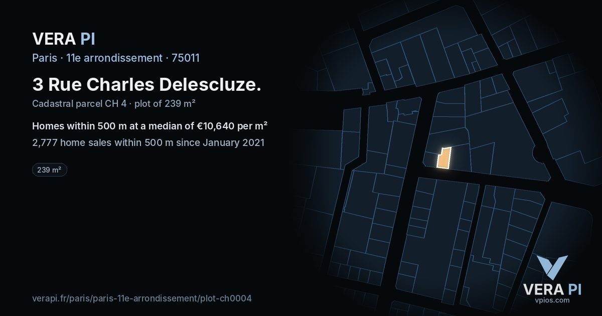 3 Rue Charles Delescluze, 11e arrondissement at night – the plot lit, the parcels around coloured by the prices near them