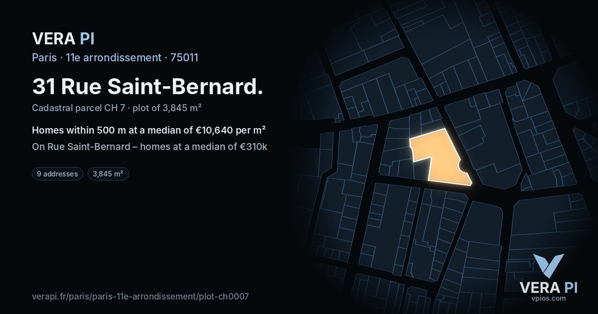 31 Rue Saint-Bernard, 11e arrondissement at night – the plot lit, the parcels around coloured by the prices near them