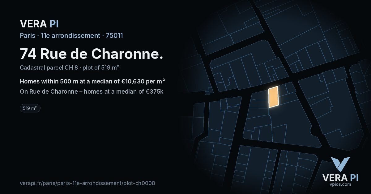 74 Rue de Charonne, 11e arrondissement at night – the plot lit, the parcels around coloured by the prices near them