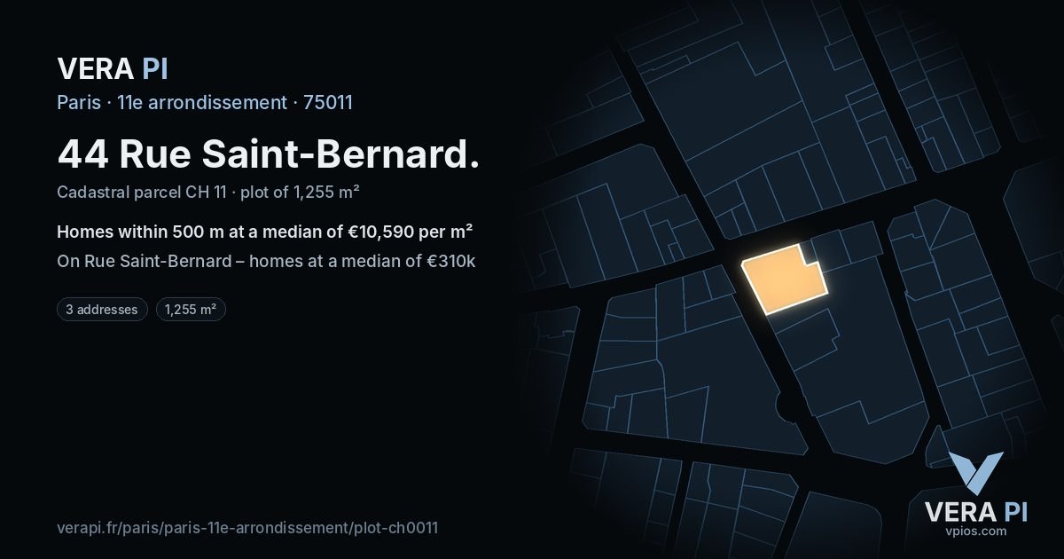 44 Rue Saint-Bernard, 11e arrondissement at night – the plot lit, the parcels around coloured by the prices near them
