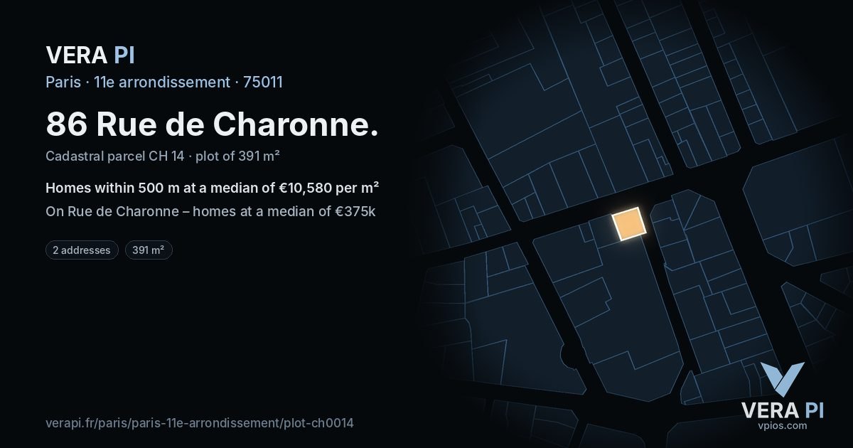 86 Rue de Charonne, 11e arrondissement at night – the plot lit, the parcels around coloured by the prices near them