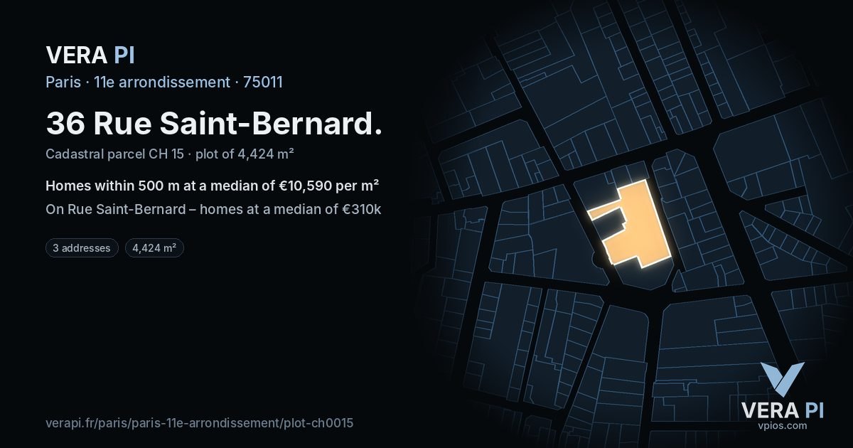 36 Rue Saint-Bernard, 11e arrondissement at night – the plot lit, the parcels around coloured by the prices near them