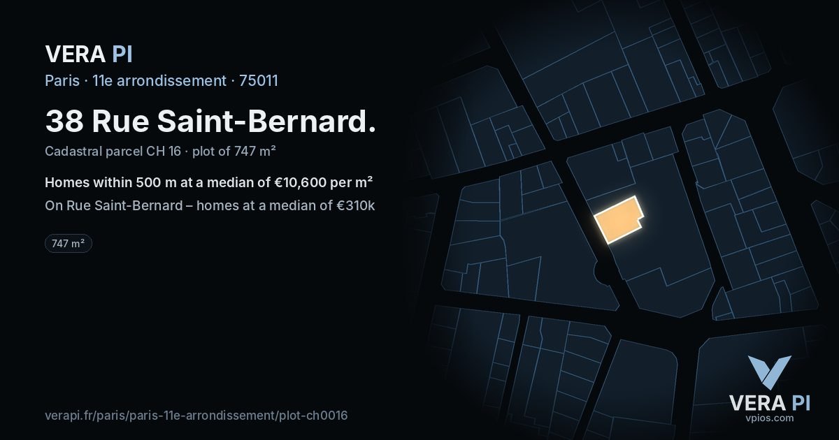 38 Rue Saint-Bernard, 11e arrondissement at night – the plot lit, the parcels around coloured by the prices near them