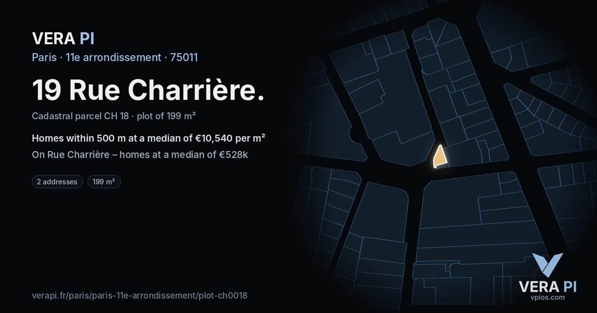 19 Rue Charrière, 11e arrondissement at night – the plot lit, the parcels around coloured by the prices near them