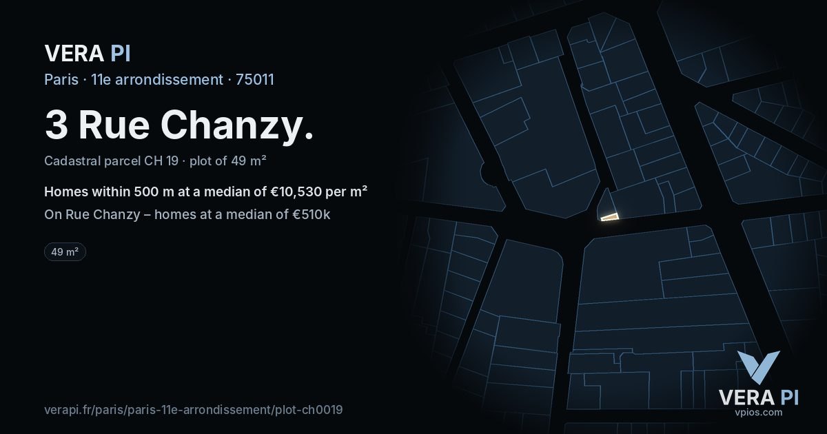 3 Rue Chanzy, 11e arrondissement at night – the plot lit, the parcels around coloured by the prices near them