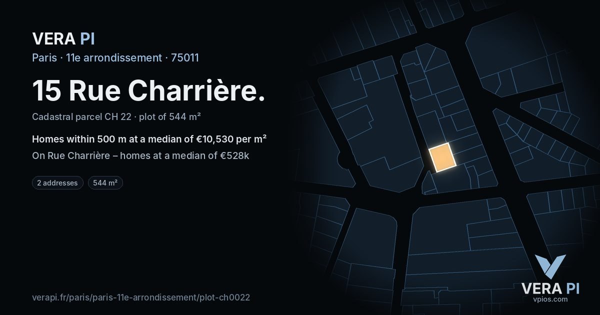 15 Rue Charrière, 11e arrondissement at night – the plot lit, the parcels around coloured by the prices near them