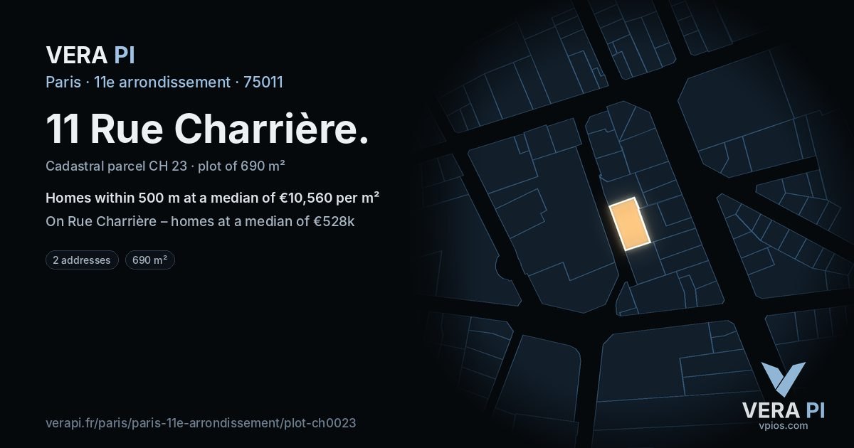 11 Rue Charrière, 11e arrondissement at night – the plot lit, the parcels around coloured by the prices near them