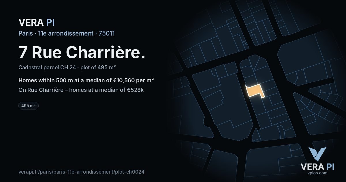 7 Rue Charrière, 11e arrondissement at night – the plot lit, the parcels around coloured by the prices near them