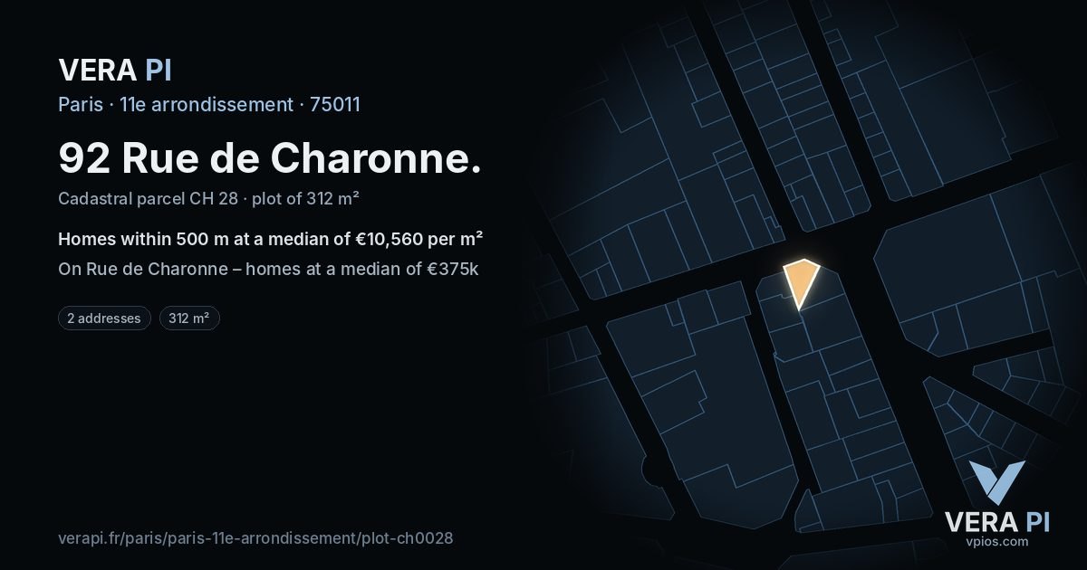 92 Rue de Charonne, 11e arrondissement at night – the plot lit, the parcels around coloured by the prices near them