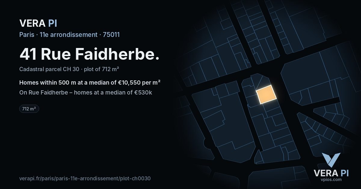 41 Rue Faidherbe, 11e arrondissement at night – the plot lit, the parcels around coloured by the prices near them