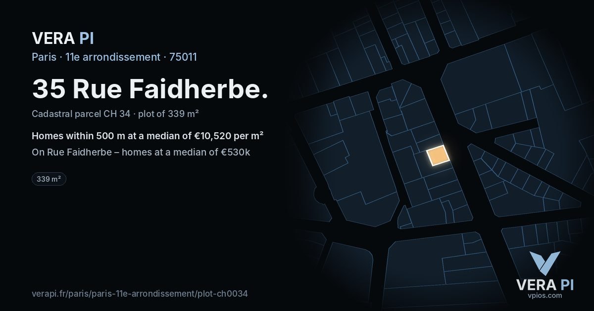 35 Rue Faidherbe, 11e arrondissement at night – the plot lit, the parcels around coloured by the prices near them