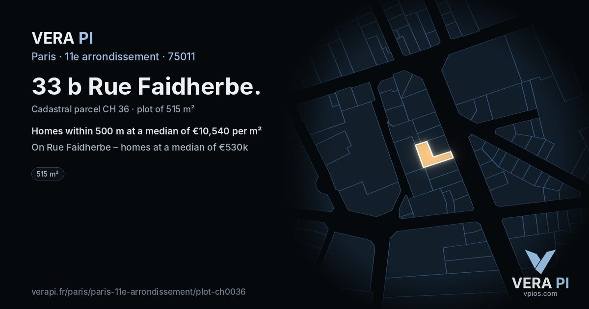 33 b Rue Faidherbe, 11e arrondissement at night – the plot lit, the parcels around coloured by the prices near them
