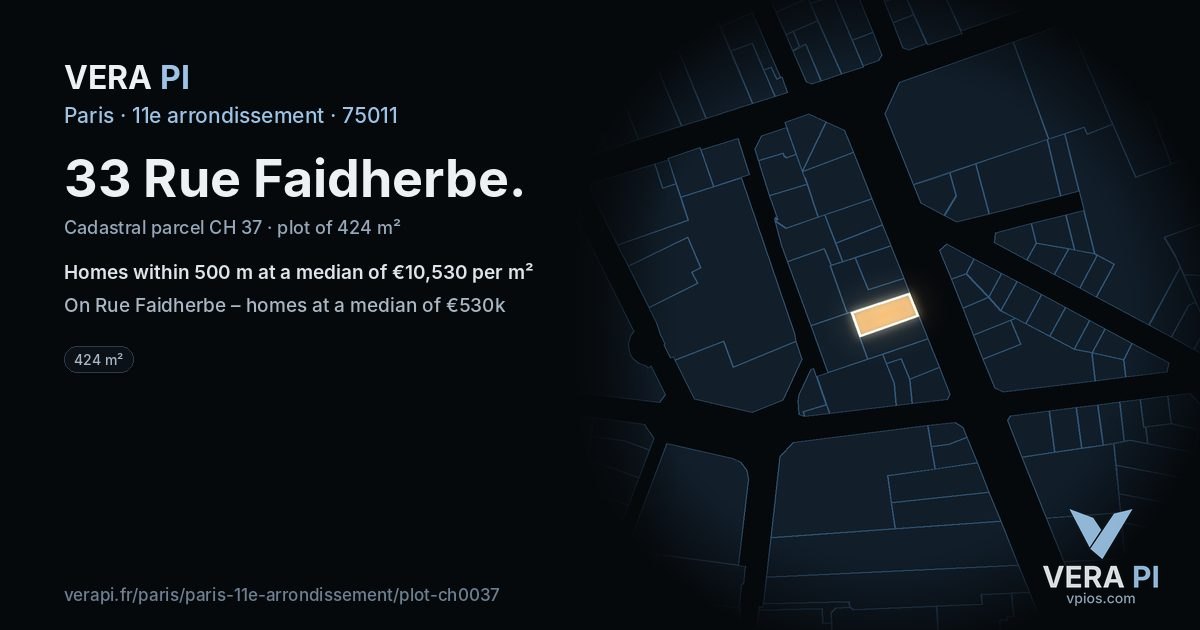 33 Rue Faidherbe, 11e arrondissement at night – the plot lit, the parcels around coloured by the prices near them