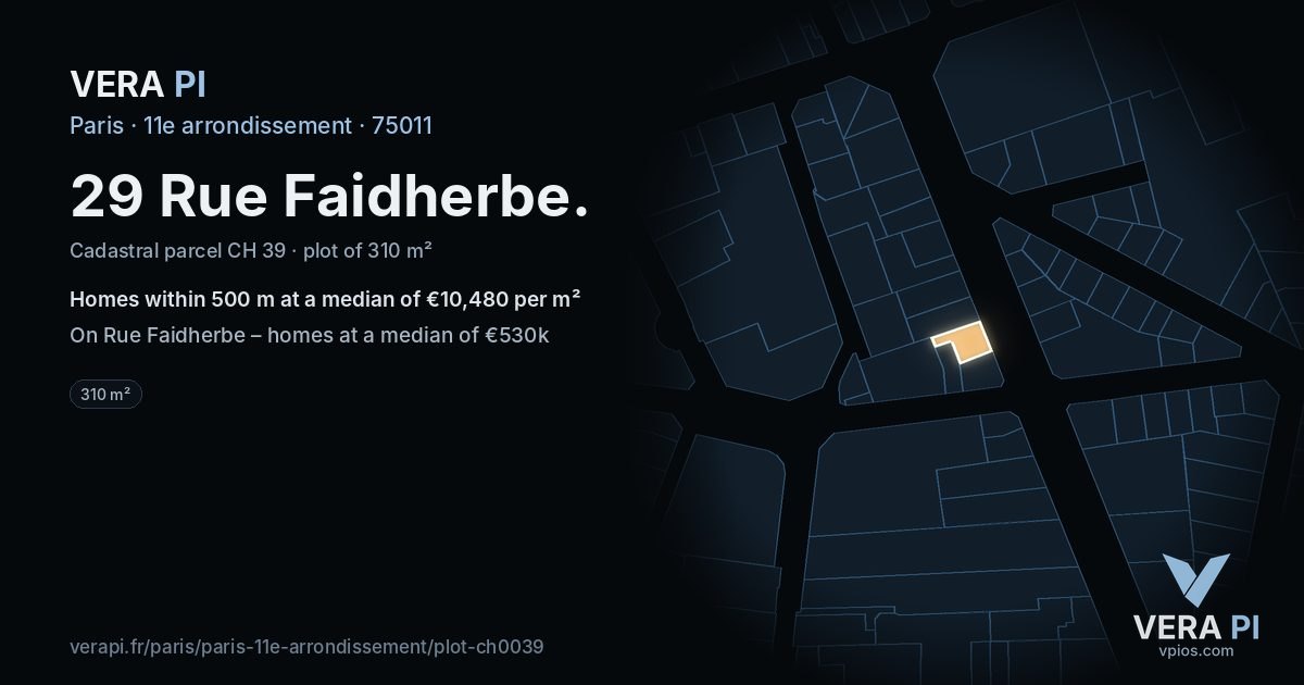 29 Rue Faidherbe, 11e arrondissement at night – the plot lit, the parcels around coloured by the prices near them