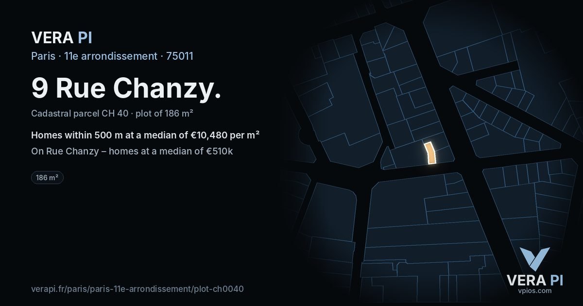 9 Rue Chanzy, 11e arrondissement at night – the plot lit, the parcels around coloured by the prices near them