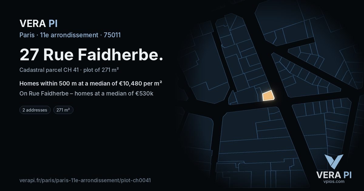 27 Rue Faidherbe, 11e arrondissement at night – the plot lit, the parcels around coloured by the prices near them