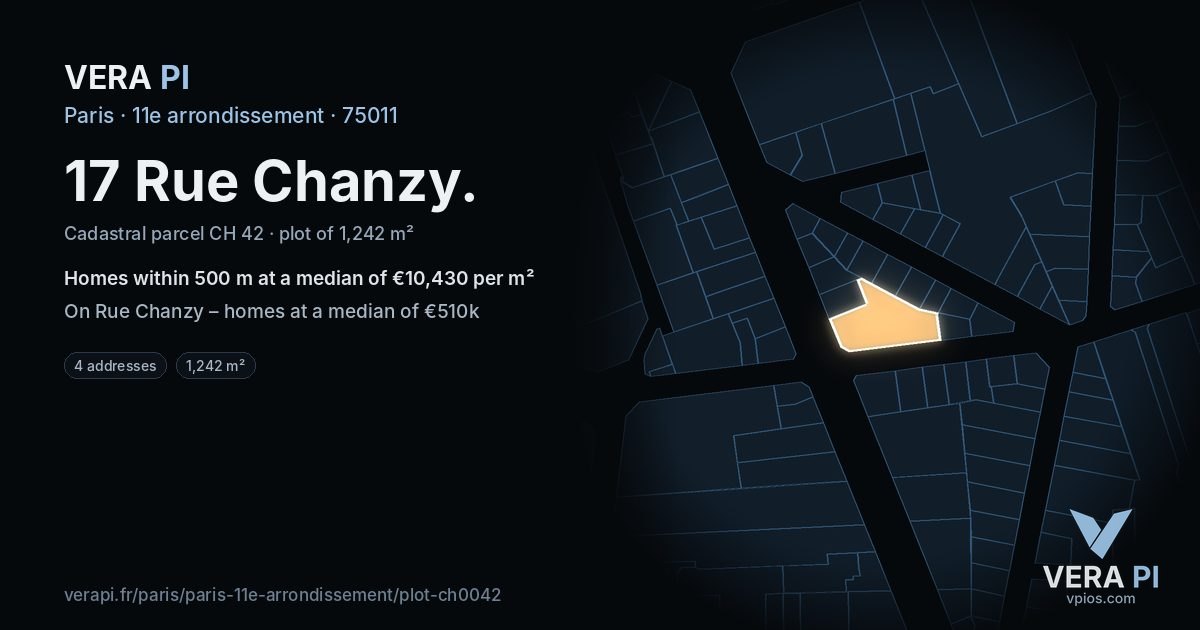 17 Rue Chanzy, 11e arrondissement at night – the plot lit, the parcels around coloured by the prices near them