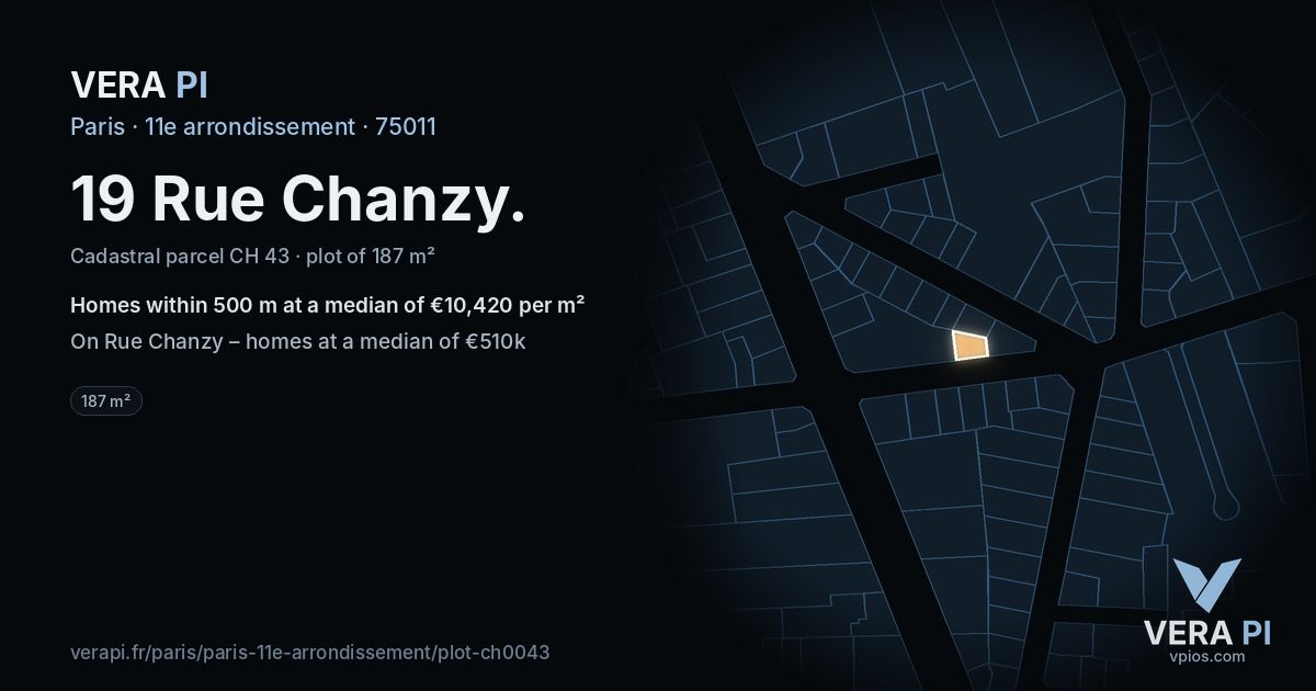 19 Rue Chanzy, 11e arrondissement at night – the plot lit, the parcels around coloured by the prices near them