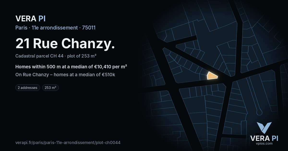 21 Rue Chanzy, 11e arrondissement at night – the plot lit, the parcels around coloured by the prices near them