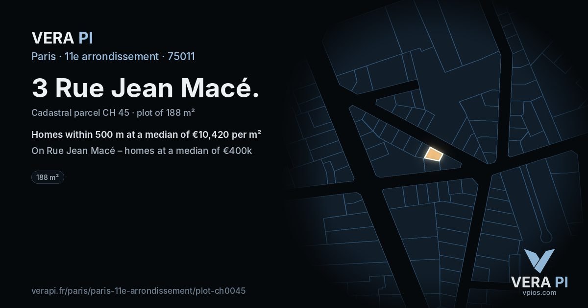 3 Rue Jean Macé, 11e arrondissement at night – the plot lit, the parcels around coloured by the prices near them