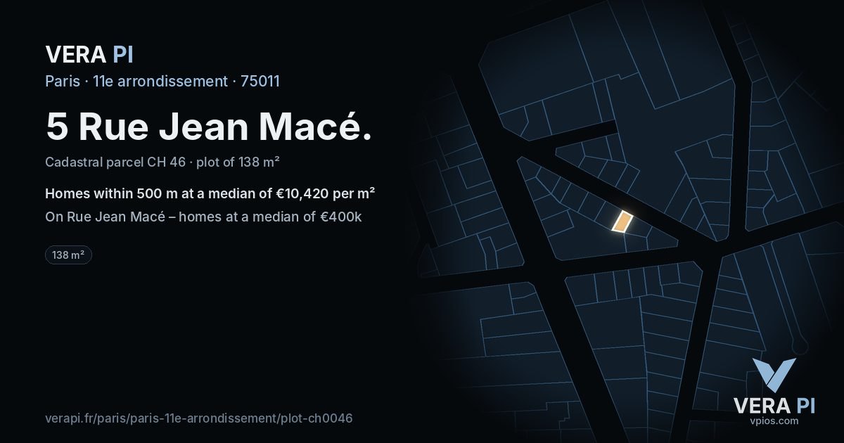 5 Rue Jean Macé, 11e arrondissement at night – the plot lit, the parcels around coloured by the prices near them