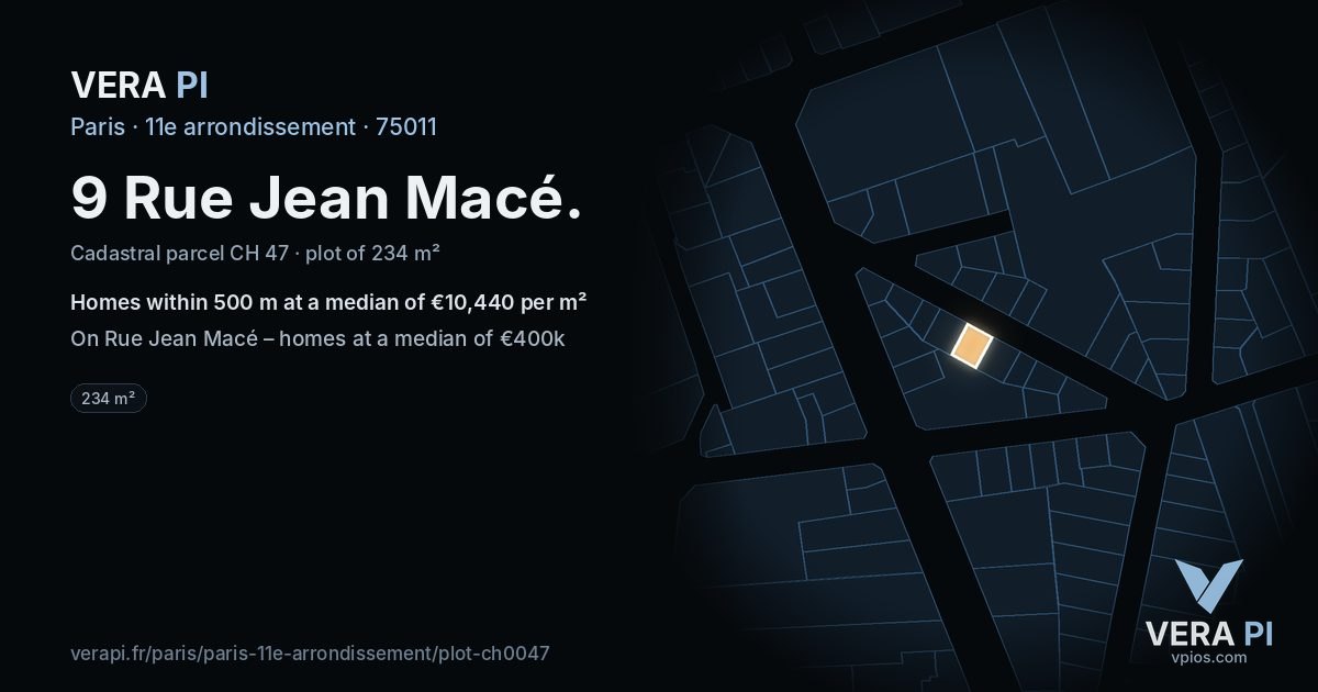 9 Rue Jean Macé, 11e arrondissement at night – the plot lit, the parcels around coloured by the prices near them