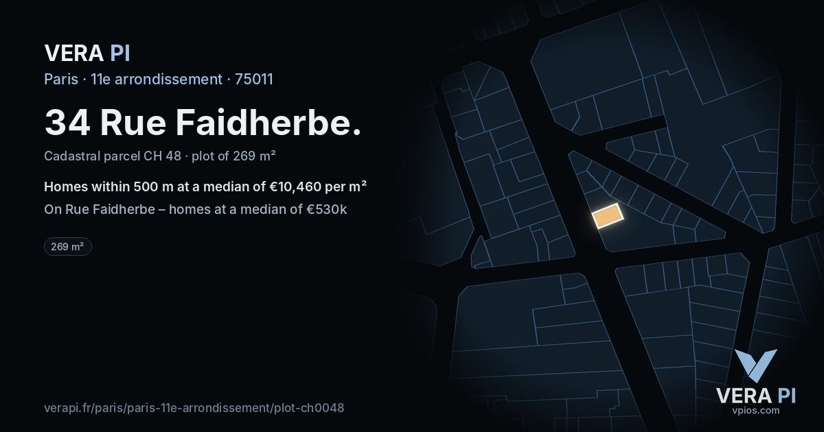 34 Rue Faidherbe, 11e arrondissement at night – the plot lit, the parcels around coloured by the prices near them