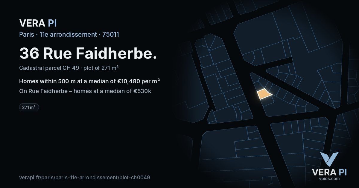 36 Rue Faidherbe, 11e arrondissement at night – the plot lit, the parcels around coloured by the prices near them