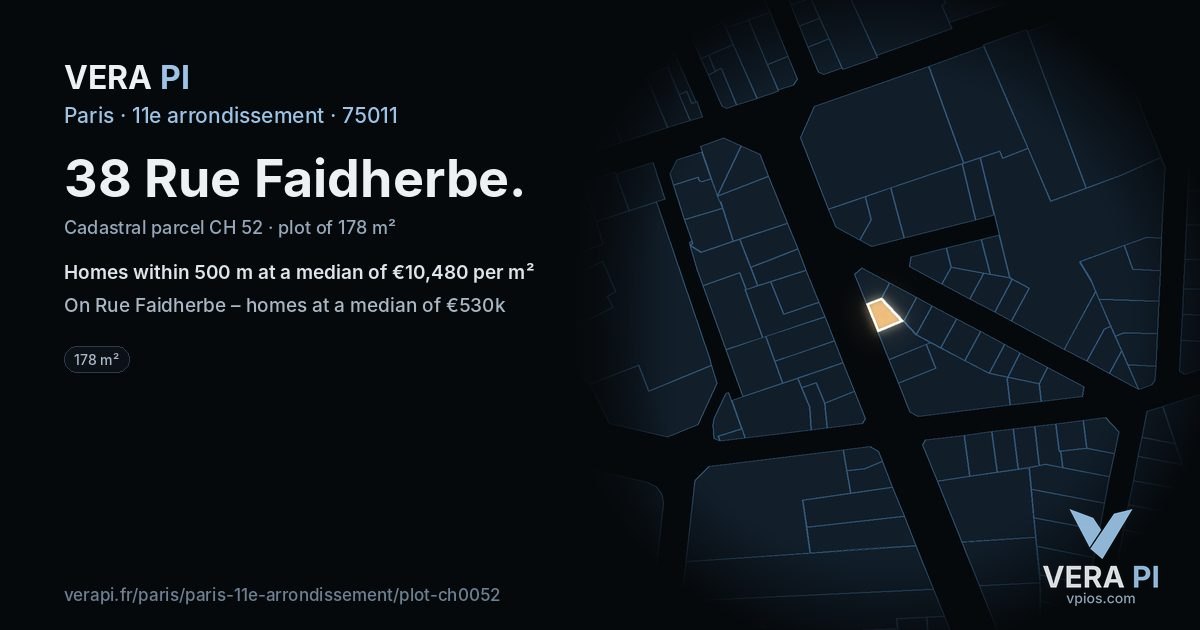 38 Rue Faidherbe, 11e arrondissement at night – the plot lit, the parcels around coloured by the prices near them