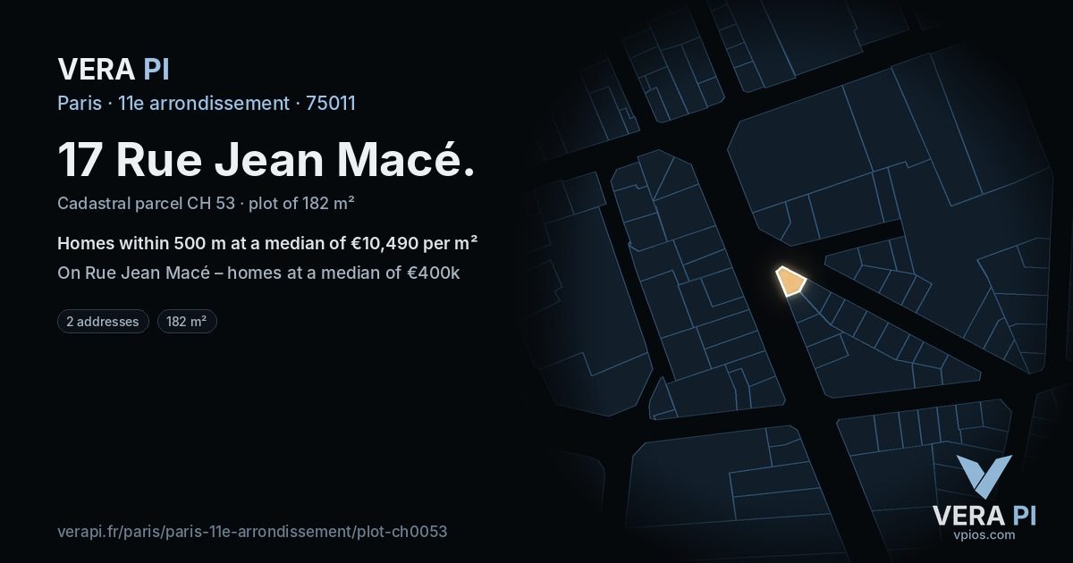 17 Rue Jean Macé, 11e arrondissement at night – the plot lit, the parcels around coloured by the prices near them