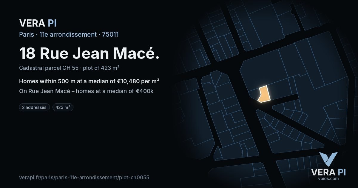 18 Rue Jean Macé, 11e arrondissement at night – the plot lit, the parcels around coloured by the prices near them