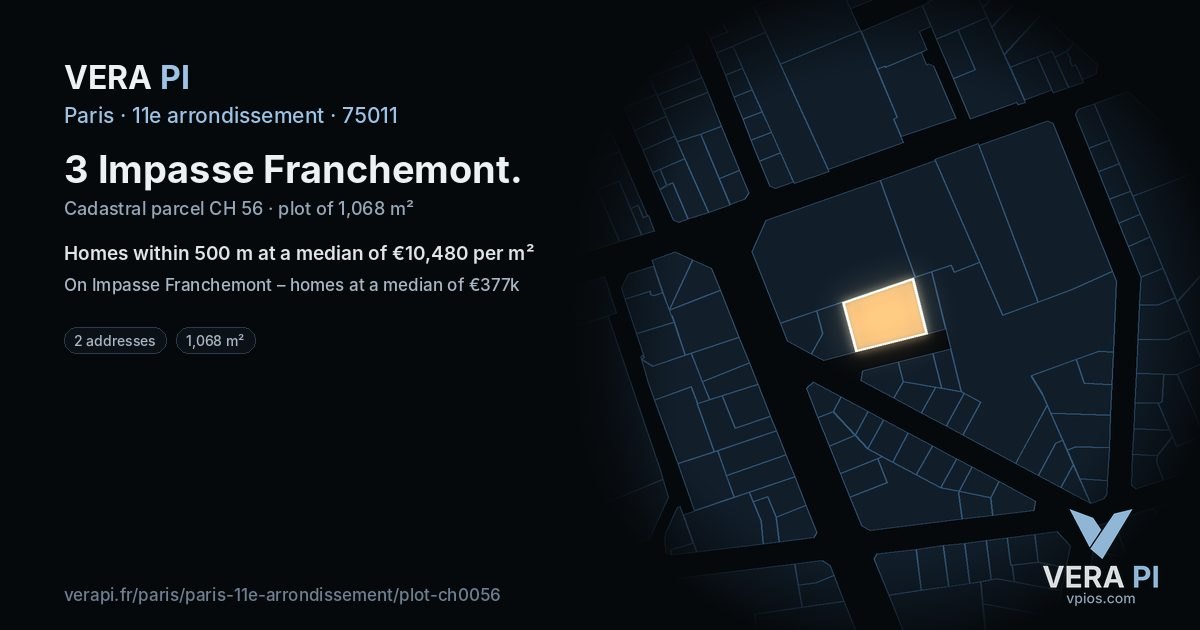 3 Impasse Franchemont, 11e arrondissement at night – the plot lit, the parcels around coloured by the prices near them