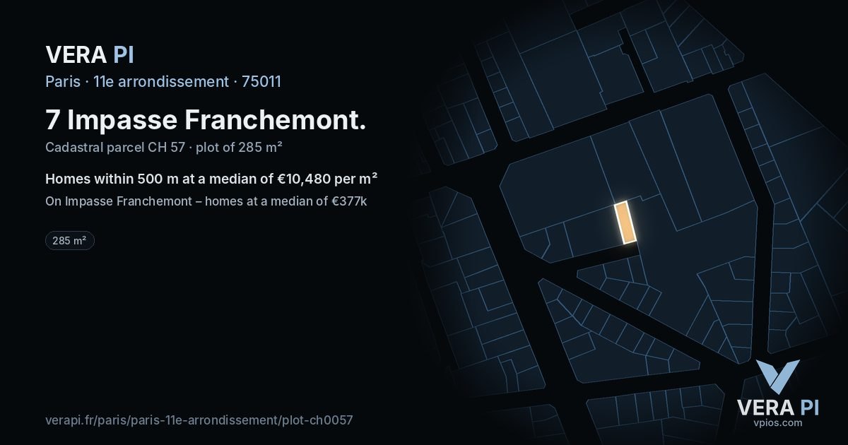 7 Impasse Franchemont, 11e arrondissement at night – the plot lit, the parcels around coloured by the prices near them