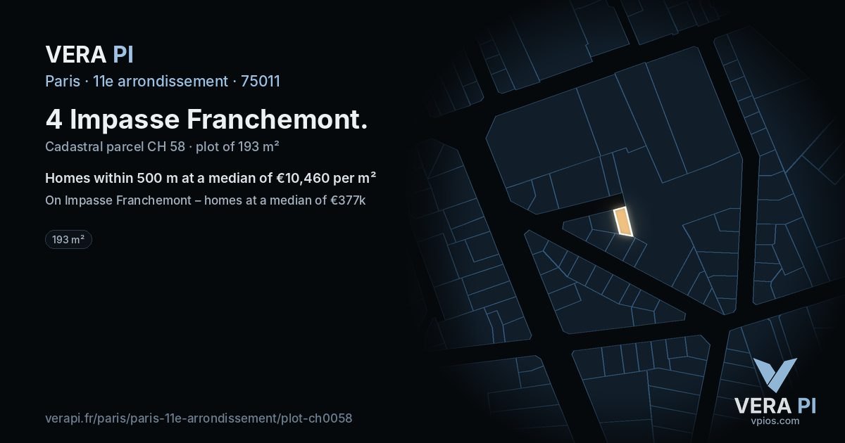 4 Impasse Franchemont, 11e arrondissement at night – the plot lit, the parcels around coloured by the prices near them