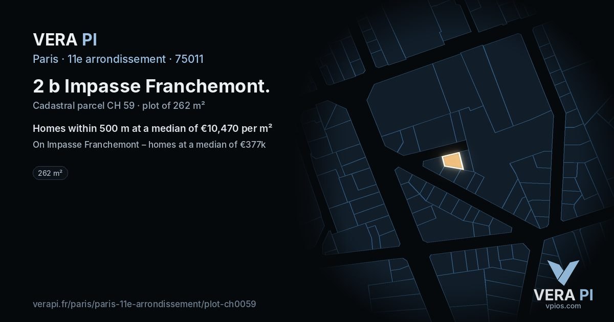 2 b Impasse Franchemont, 11e arrondissement at night – the plot lit, the parcels around coloured by the prices near them